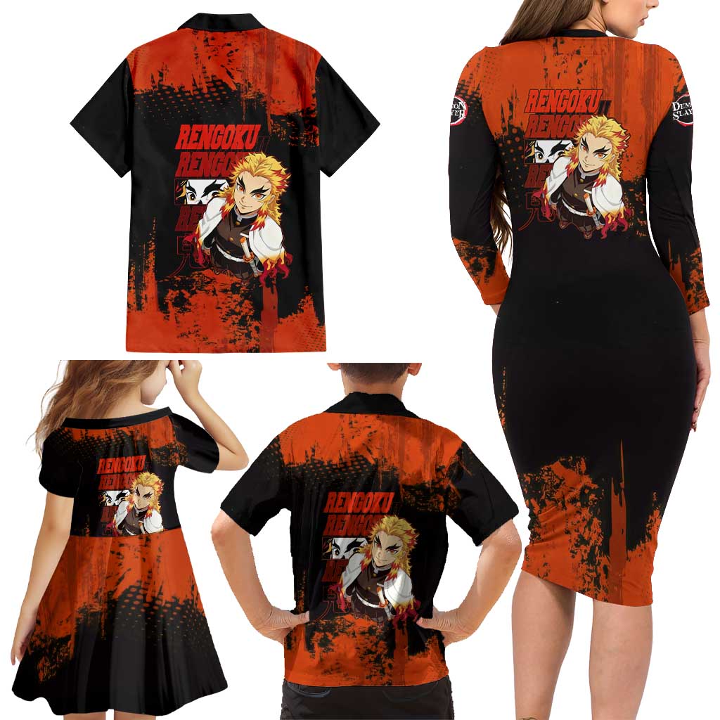 Kyojuro Rengoku Demon Slayer Black and Orange Grunge Design Family Matching Long Sleeve Bodycon Dress and Hawaiian Shirt with Bold Eyes and Flame Hashira Artwork