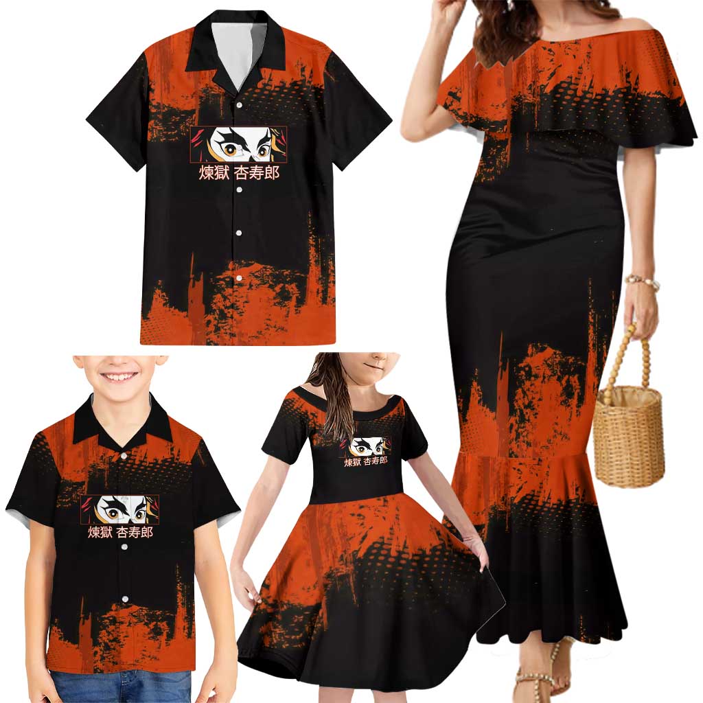 Kyojuro Rengoku Demon Slayer Black and Orange Grunge Design Family Matching Mermaid Dress and Hawaiian Shirt with Bold Eyes and Flame Hashira Artwork