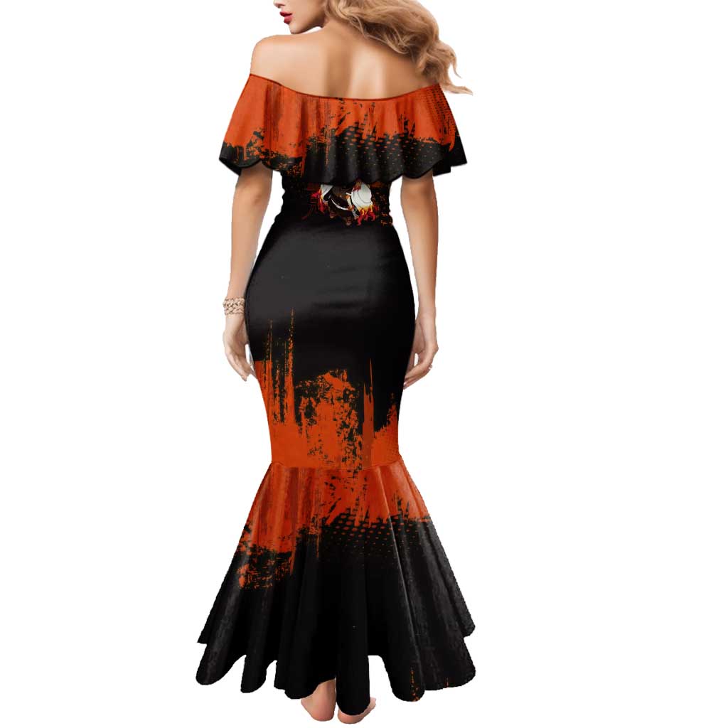 Kyojuro Rengoku Demon Slayer Black and Orange Grunge Design Family Matching Mermaid Dress and Hawaiian Shirt with Bold Eyes and Flame Hashira Artwork
