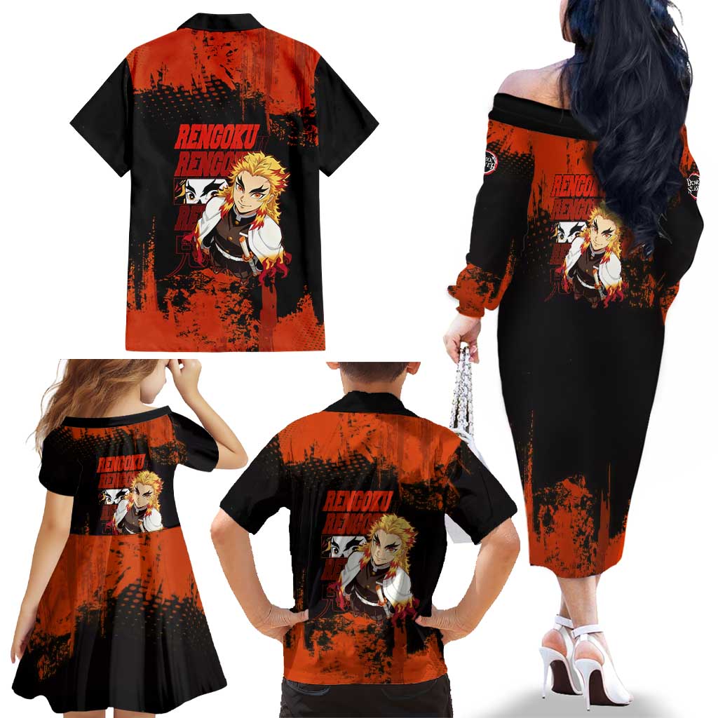 Kyojuro Rengoku Demon Slayer Black and Orange Grunge Design Family Matching Off The Shoulder Long Sleeve Dress and Hawaiian Shirt with Bold Eyes and Flame Hashira Artwork