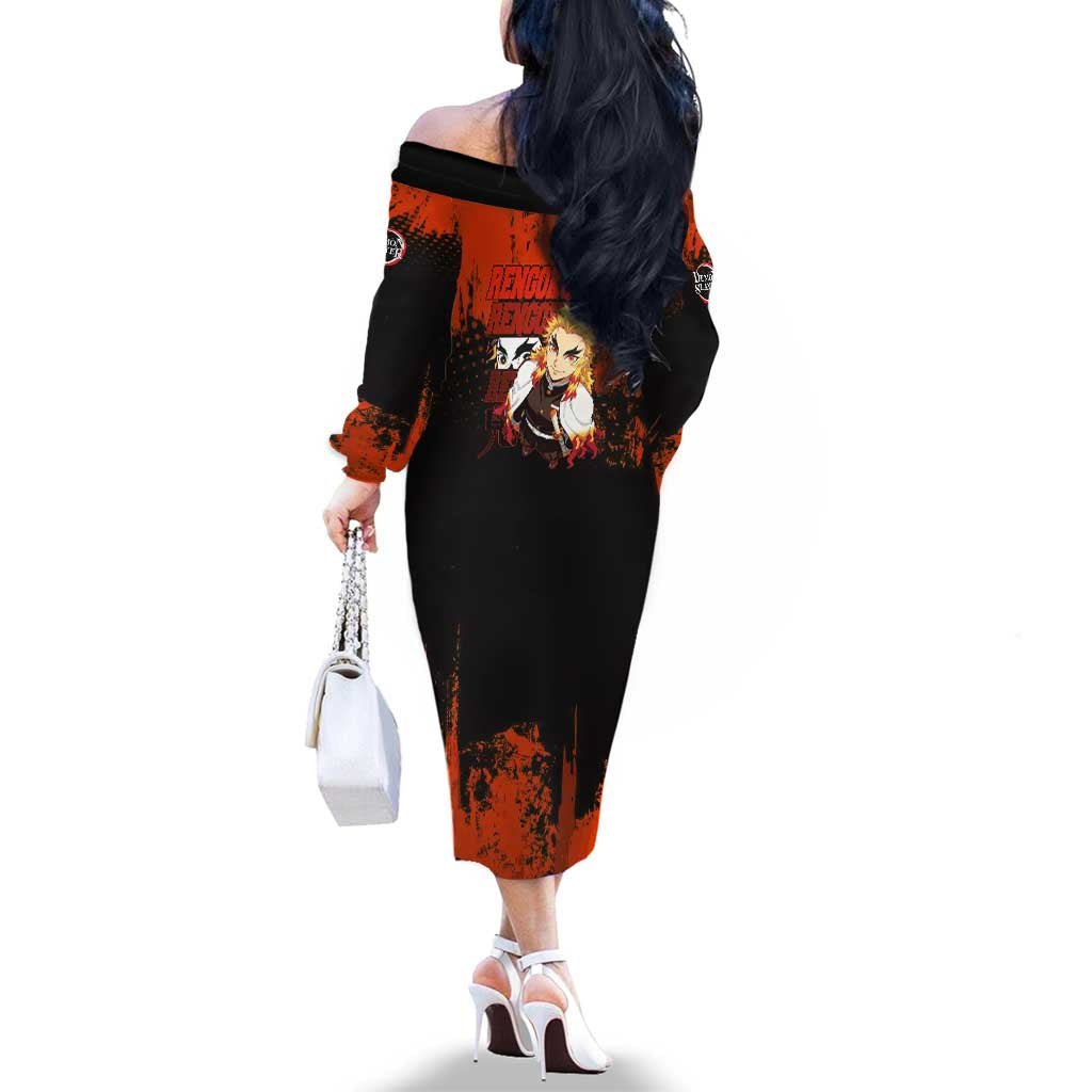 Kyojuro Rengoku Demon Slayer Black and Orange Grunge Design Family Matching Off The Shoulder Long Sleeve Dress and Hawaiian Shirt with Bold Eyes and Flame Hashira Artwork