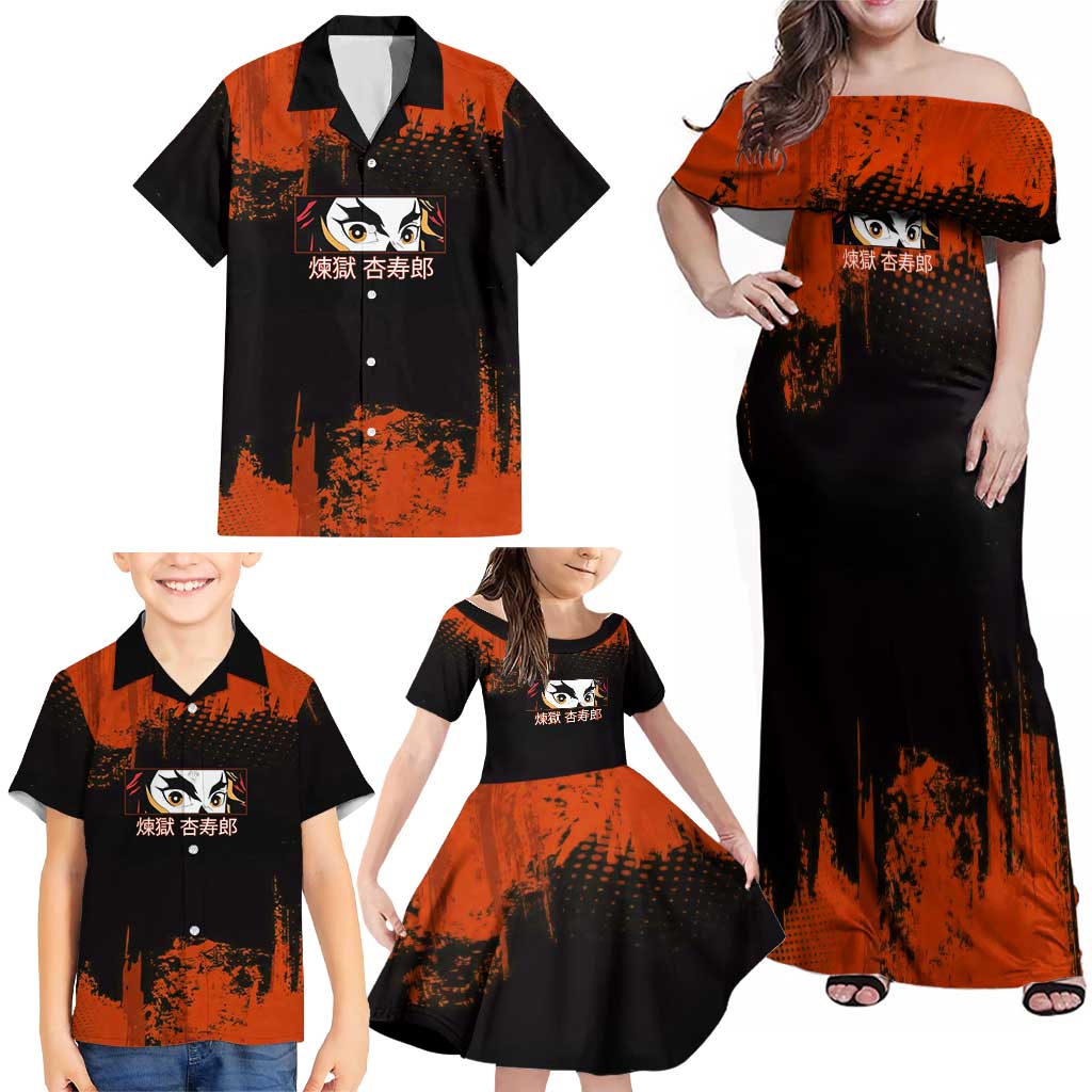 Kyojuro Rengoku Demon Slayer Black and Orange Grunge Design Family Matching Off Shoulder Maxi Dress and Hawaiian Shirt with Bold Eyes and Flame Hashira Artwork