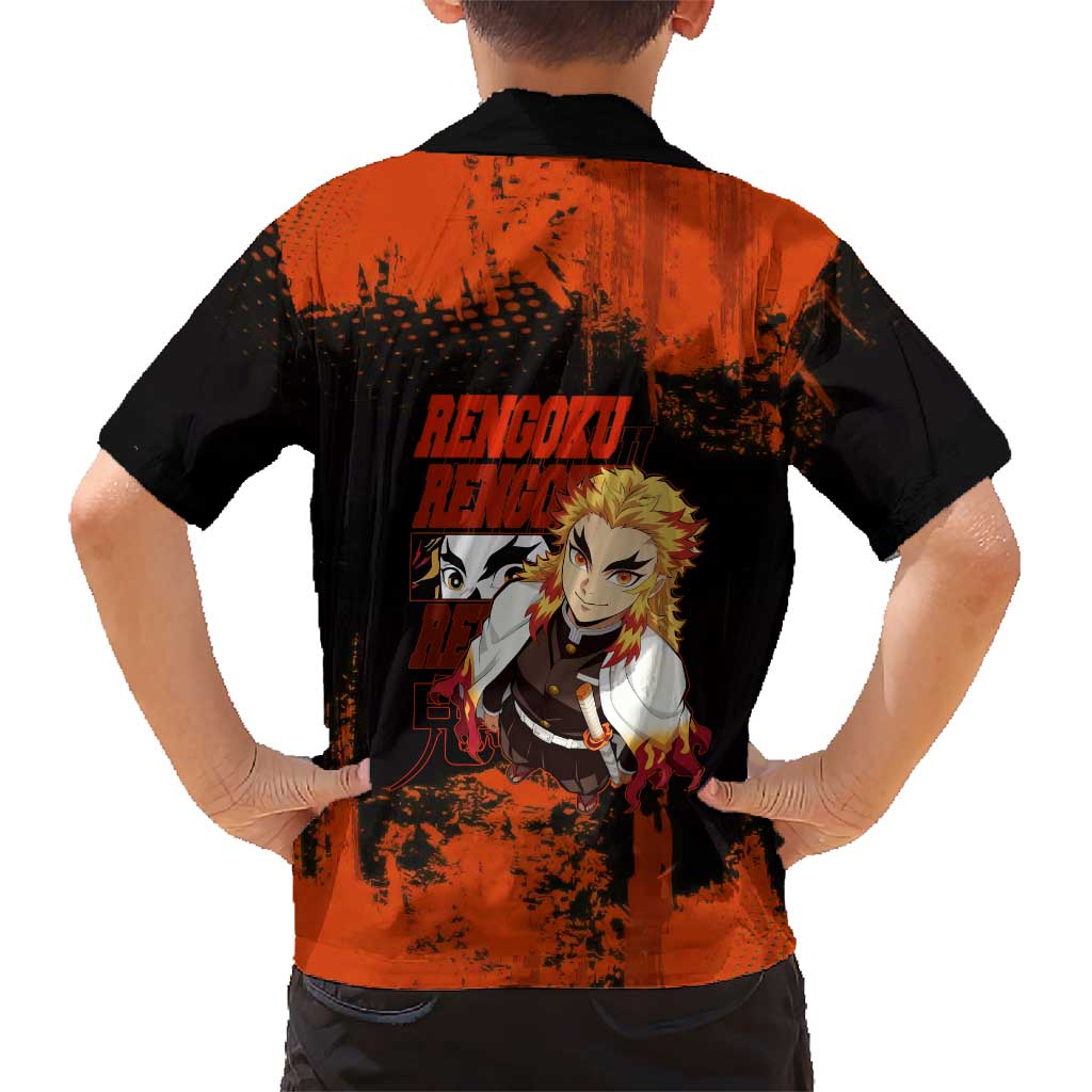 Kyojuro Rengoku Demon Slayer Black and Orange Grunge Design Family Matching Off Shoulder Maxi Dress and Hawaiian Shirt with Bold Eyes and Flame Hashira Artwork