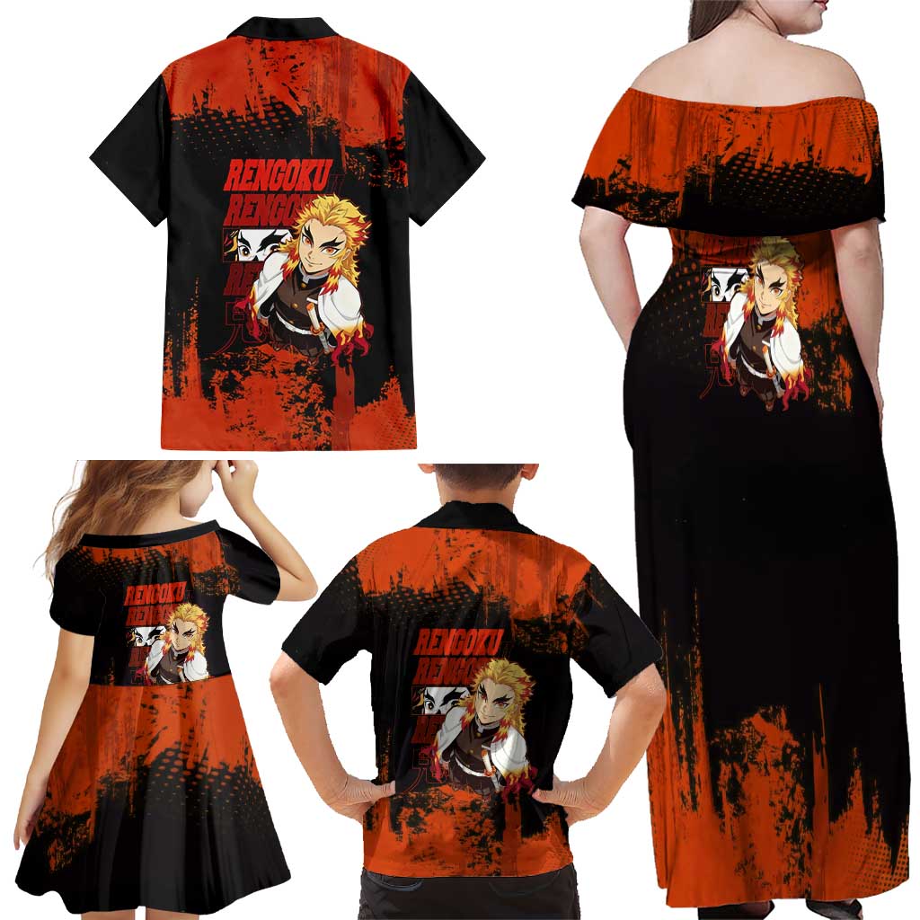 Kyojuro Rengoku Demon Slayer Black and Orange Grunge Design Family Matching Off Shoulder Maxi Dress and Hawaiian Shirt with Bold Eyes and Flame Hashira Artwork