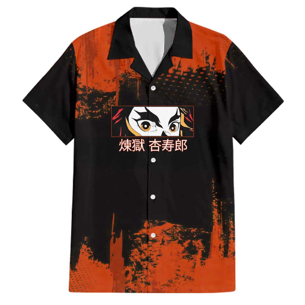 Kyojuro Rengoku Demon Slayer Black and Orange Grunge Design Family Matching Off Shoulder Maxi Dress and Hawaiian Shirt with Bold Eyes and Flame Hashira Artwork