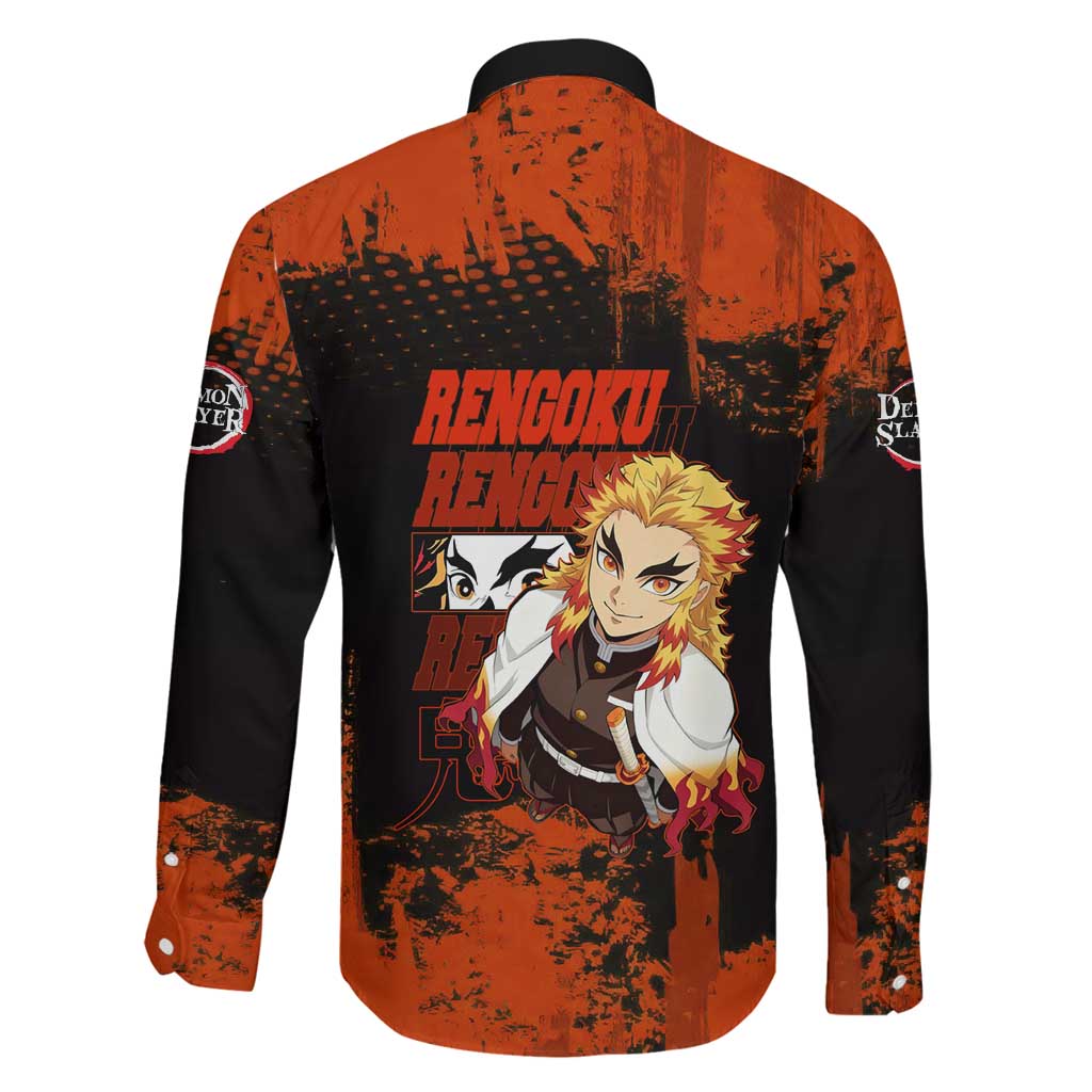 Kyojuro Rengoku Demon Slayer Black and Orange Grunge Design Family Matching Off Shoulder Maxi Dress and Hawaiian Shirt with Bold Eyes and Flame Hashira Artwork