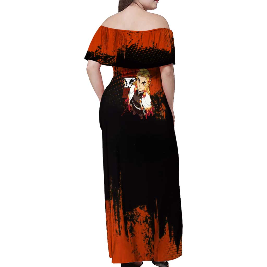 Kyojuro Rengoku Demon Slayer Black and Orange Grunge Design Family Matching Off Shoulder Maxi Dress and Hawaiian Shirt with Bold Eyes and Flame Hashira Artwork