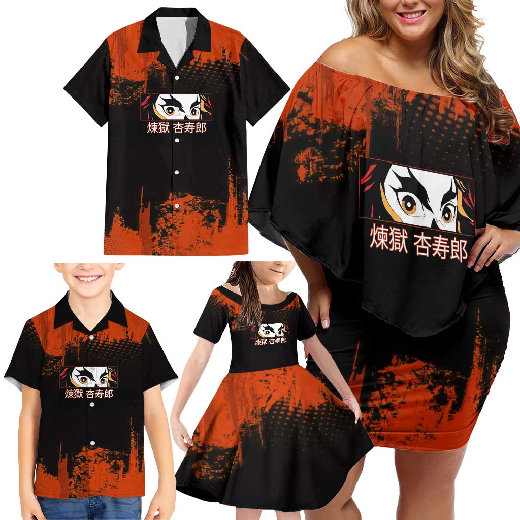 Kyojuro Rengoku Demon Slayer Black and Orange Grunge Design Family Matching Off Shoulder Short Dress and Hawaiian Shirt with Bold Eyes and Flame Hashira Artwork