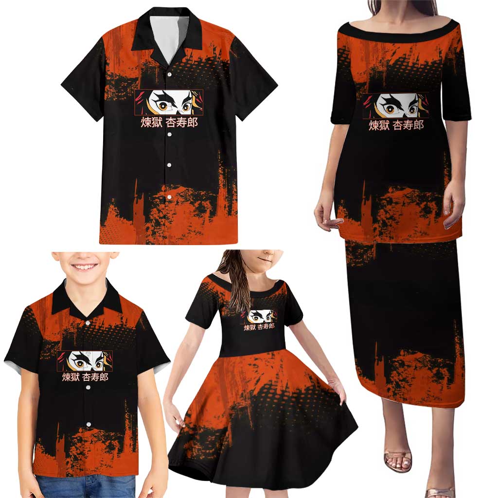 Kyojuro Rengoku Demon Slayer Black and Orange Grunge Design Family Matching Puletasi and Hawaiian Shirt with Bold Eyes and Flame Hashira Artwork