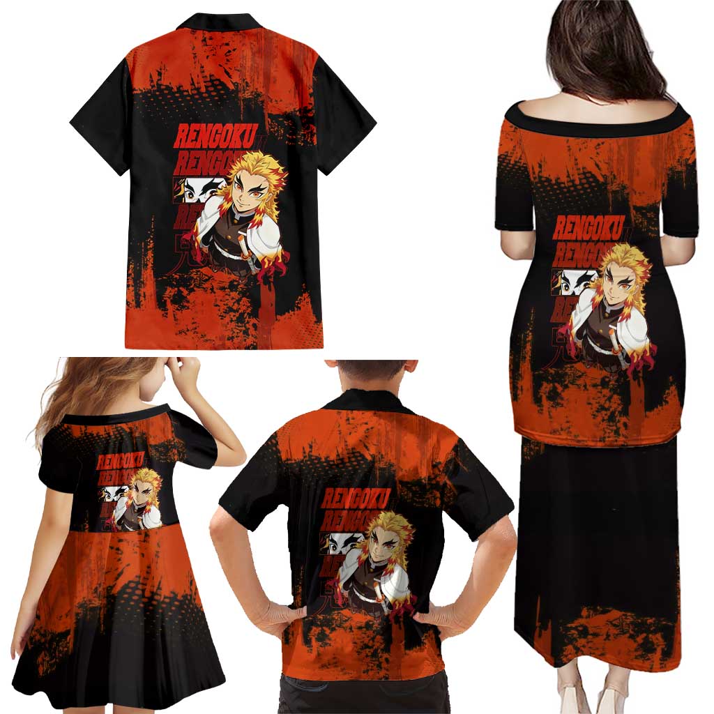 Kyojuro Rengoku Demon Slayer Black and Orange Grunge Design Family Matching Puletasi and Hawaiian Shirt with Bold Eyes and Flame Hashira Artwork
