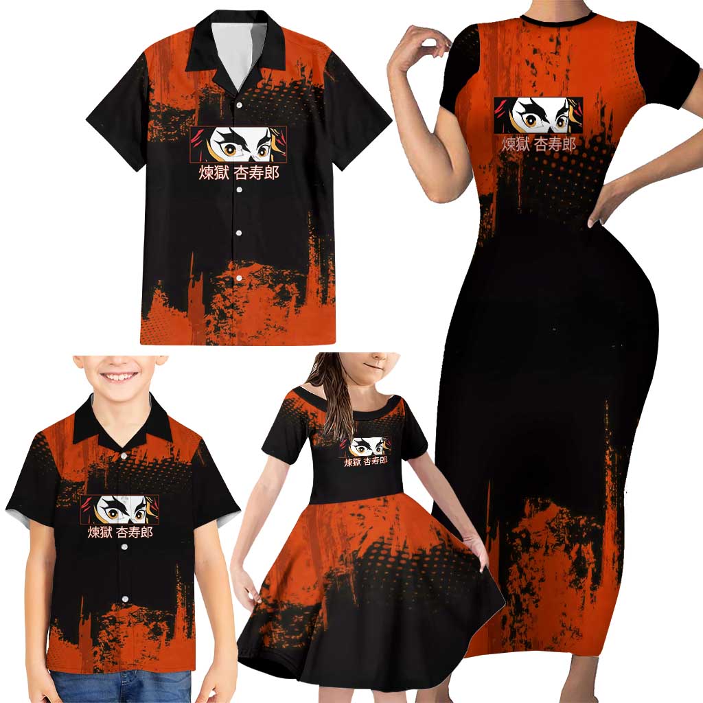 Kyojuro Rengoku Demon Slayer Black and Orange Grunge Design Family Matching Short Sleeve Bodycon Dress and Hawaiian Shirt with Bold Eyes and Flame Hashira Artwork