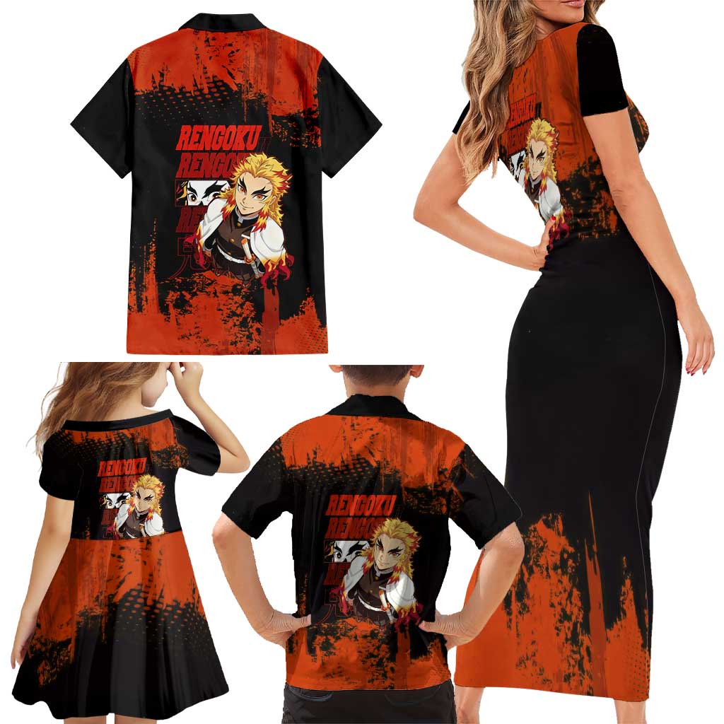 Kyojuro Rengoku Demon Slayer Black and Orange Grunge Design Family Matching Short Sleeve Bodycon Dress and Hawaiian Shirt with Bold Eyes and Flame Hashira Artwork