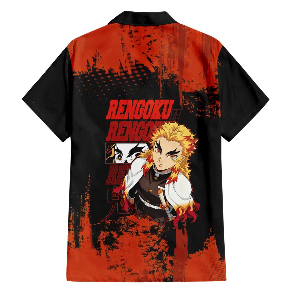 Kyojuro Rengoku Demon Slayer Black and Orange Grunge Design Family Matching Short Sleeve Bodycon Dress and Hawaiian Shirt with Bold Eyes and Flame Hashira Artwork