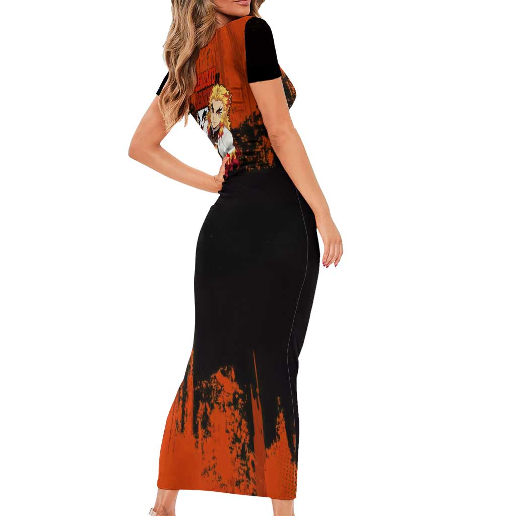 Kyojuro Rengoku Demon Slayer Black and Orange Grunge Design Family Matching Short Sleeve Bodycon Dress and Hawaiian Shirt with Bold Eyes and Flame Hashira Artwork