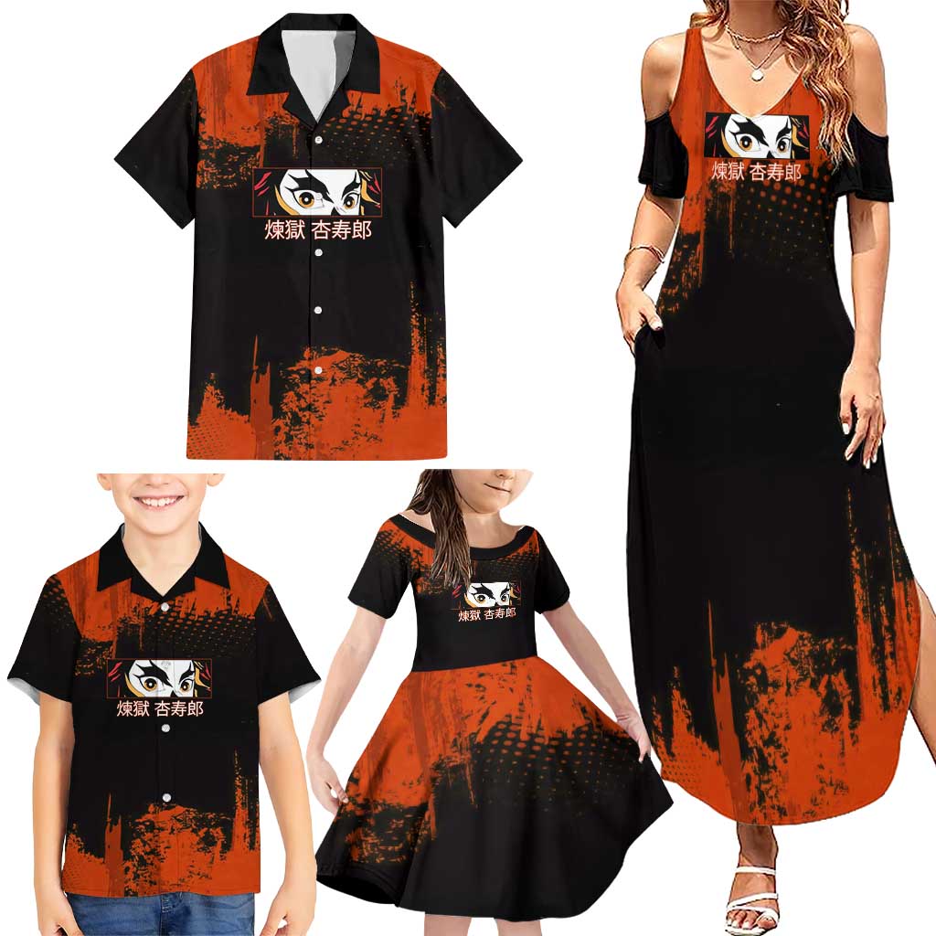 Kyojuro Rengoku Demon Slayer Black and Orange Grunge Design Family Matching Summer Maxi Dress and Hawaiian Shirt with Bold Eyes and Flame Hashira Artwork