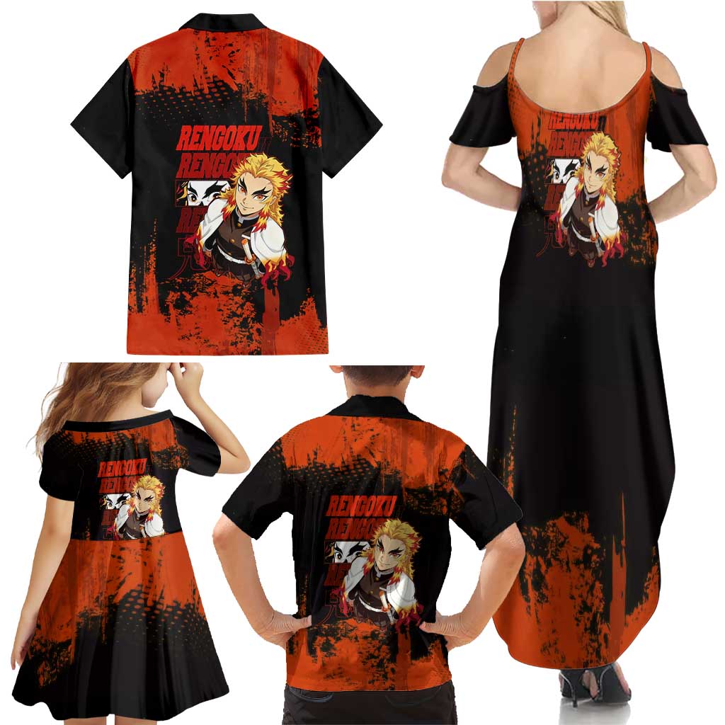 Kyojuro Rengoku Demon Slayer Black and Orange Grunge Design Family Matching Summer Maxi Dress and Hawaiian Shirt with Bold Eyes and Flame Hashira Artwork