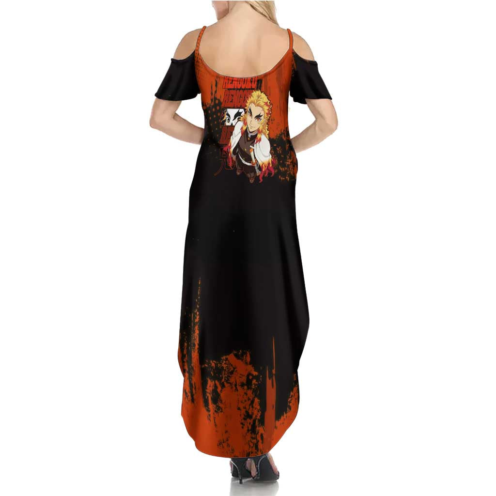 Kyojuro Rengoku Demon Slayer Black and Orange Grunge Design Family Matching Summer Maxi Dress and Hawaiian Shirt with Bold Eyes and Flame Hashira Artwork