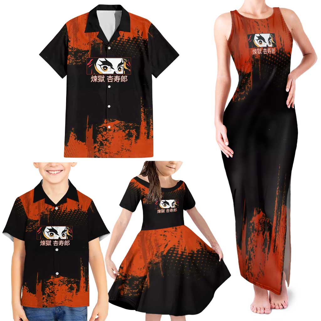 Kyojuro Rengoku Demon Slayer Black and Orange Grunge Design Family Matching Tank Maxi Dress and Hawaiian Shirt with Bold Eyes and Flame Hashira Artwork