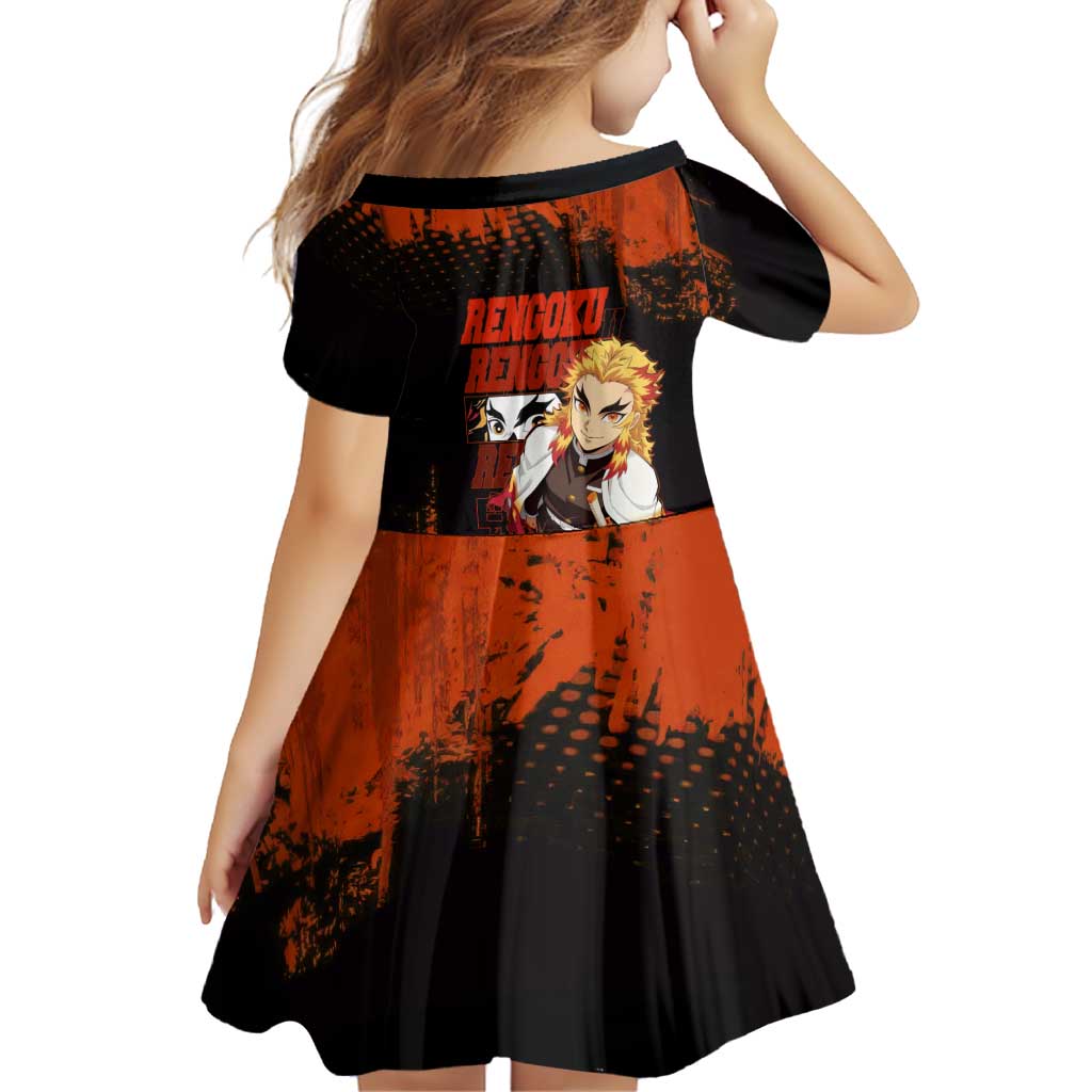 Kyojuro Rengoku Demon Slayer Black and Orange Grunge Design Family Matching Tank Maxi Dress and Hawaiian Shirt with Bold Eyes and Flame Hashira Artwork