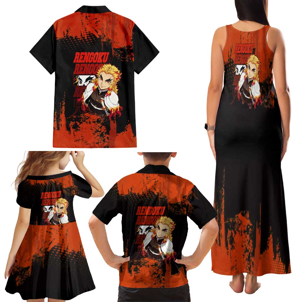 Kyojuro Rengoku Demon Slayer Black and Orange Grunge Design Family Matching Tank Maxi Dress and Hawaiian Shirt with Bold Eyes and Flame Hashira Artwork