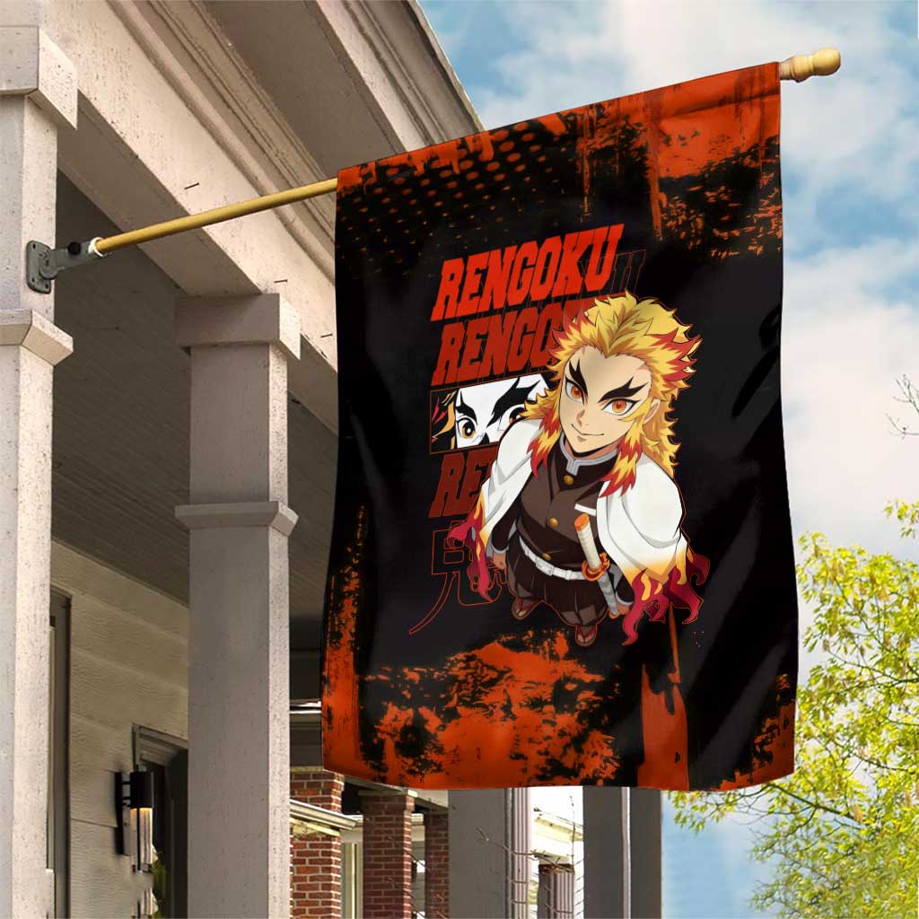 Kyojuro Rengoku Demon Slayer Black and Orange Grunge Design Garden Flag with Bold Eyes and Flame Hashira Artwork - The Mazicc