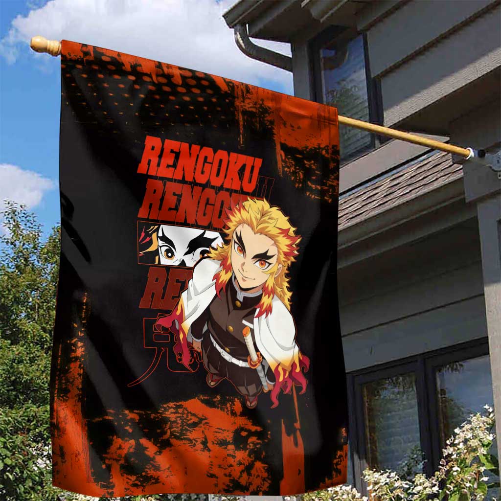 Kyojuro Rengoku Demon Slayer Black and Orange Grunge Design Garden Flag with Bold Eyes and Flame Hashira Artwork - The Mazicc