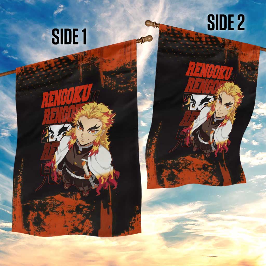 Kyojuro Rengoku Demon Slayer Black and Orange Grunge Design Garden Flag with Bold Eyes and Flame Hashira Artwork - The Mazicc