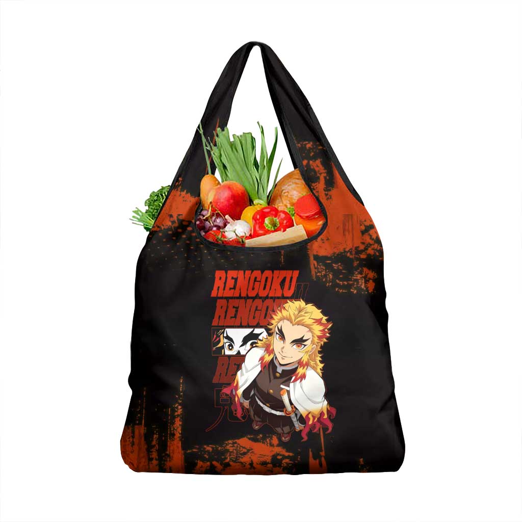 Kyojuro Rengoku Demon Slayer Black and Orange Grunge Design Grocery Bag with Bold Eyes and Flame Hashira Artwork - The Mazicc