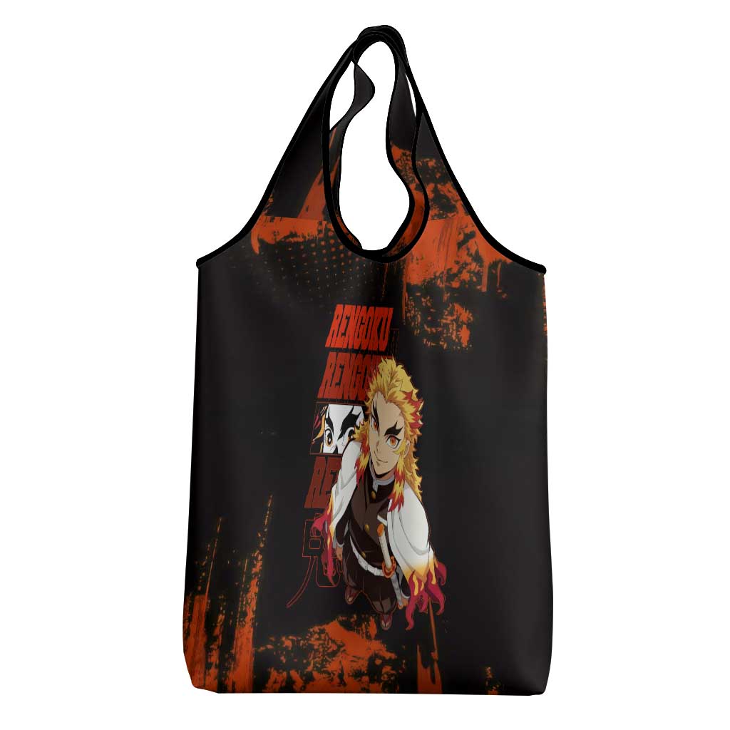 Kyojuro Rengoku Demon Slayer Black and Orange Grunge Design Grocery Bag with Bold Eyes and Flame Hashira Artwork - The Mazicc