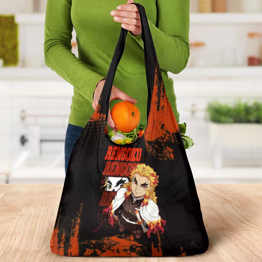 Kyojuro Rengoku Demon Slayer Black and Orange Grunge Design Grocery Bag with Bold Eyes and Flame Hashira Artwork - The Mazicc