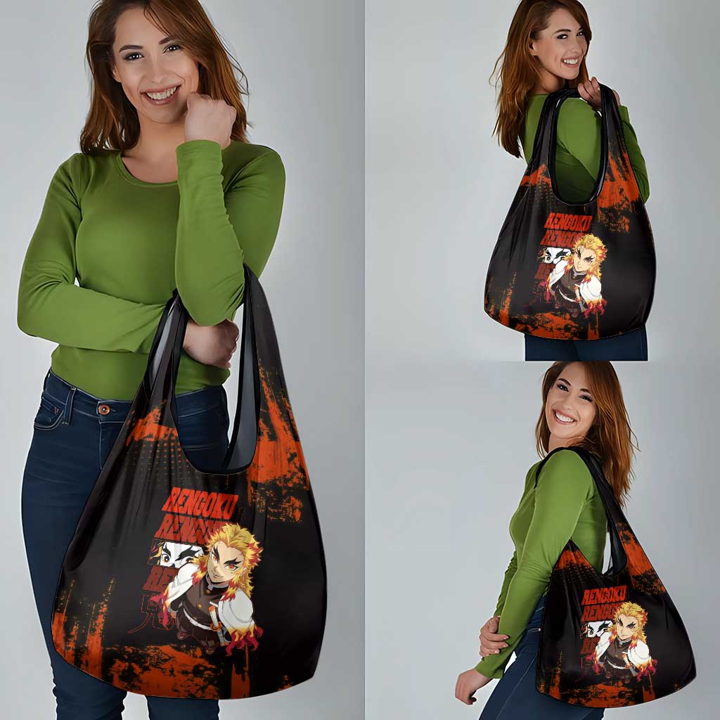 Kyojuro Rengoku Demon Slayer Black and Orange Grunge Design Grocery Bag with Bold Eyes and Flame Hashira Artwork - The Mazicc