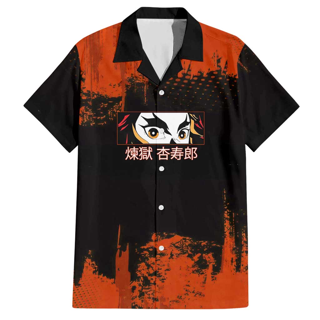 Kyojuro Rengoku Demon Slayer Black and Orange Grunge Design Hawaiian Shirt with Bold Eyes and Flame Hashira Artwork - The Mazicc