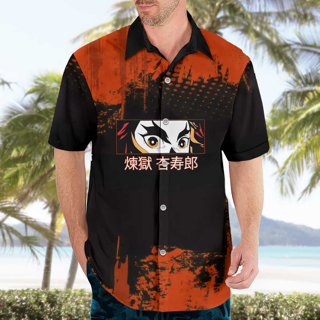 Kyojuro Rengoku Demon Slayer Black and Orange Grunge Design Hawaiian Shirt with Bold Eyes and Flame Hashira Artwork - The Mazicc