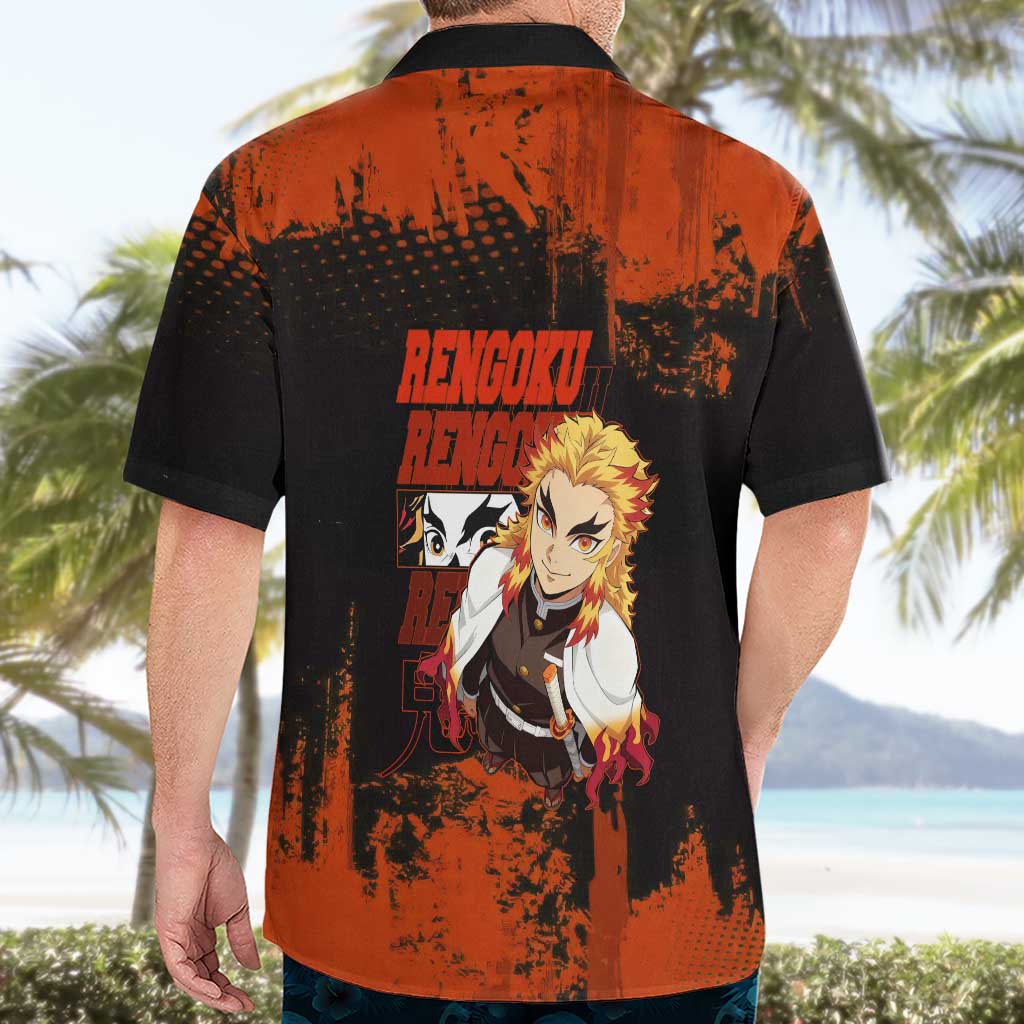 Kyojuro Rengoku Demon Slayer Black and Orange Grunge Design Hawaiian Shirt with Bold Eyes and Flame Hashira Artwork - The Mazicc