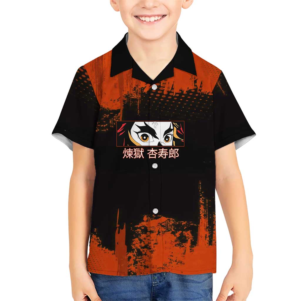 Kyojuro Rengoku Demon Slayer Black and Orange Grunge Design Hawaiian Shirt with Bold Eyes and Flame Hashira Artwork - The Mazicc