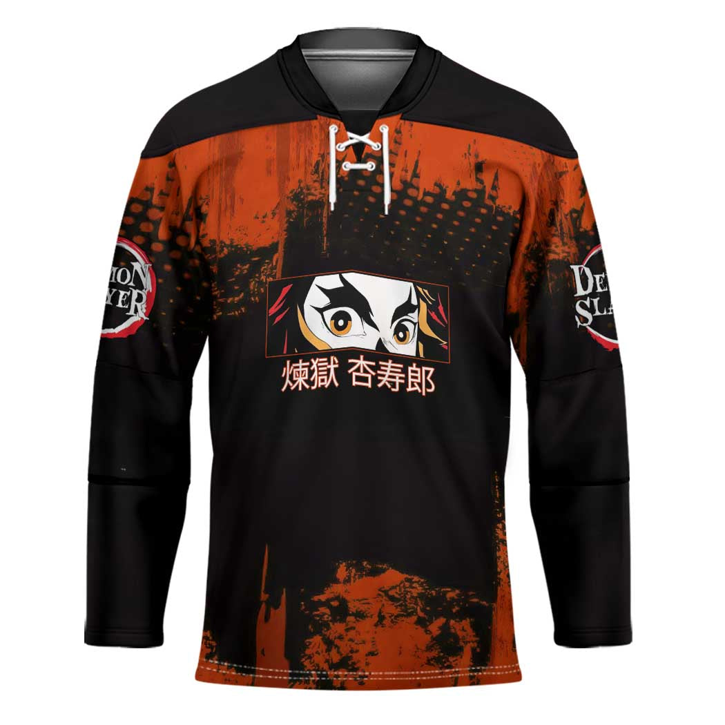 Kyojuro Rengoku Demon Slayer Black and Orange Grunge Design Hockey Jersey with Bold Eyes and Flame Hashira Artwork - The Mazicc