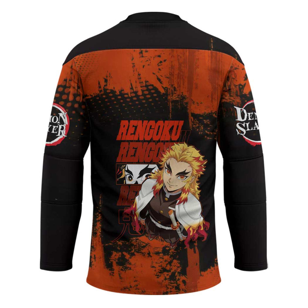 Kyojuro Rengoku Demon Slayer Black and Orange Grunge Design Hockey Jersey with Bold Eyes and Flame Hashira Artwork - The Mazicc