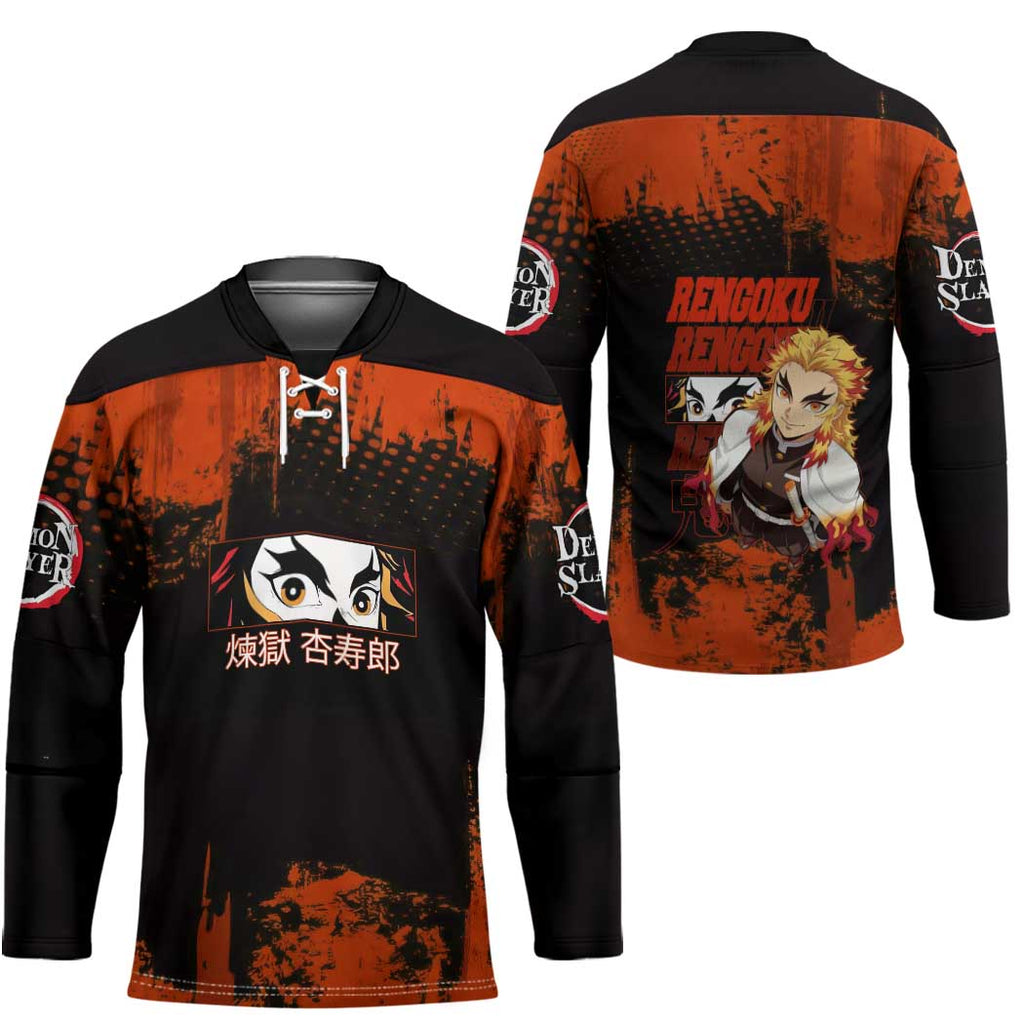 Kyojuro Rengoku Demon Slayer Black and Orange Grunge Design Hockey Jersey with Bold Eyes and Flame Hashira Artwork - The Mazicc