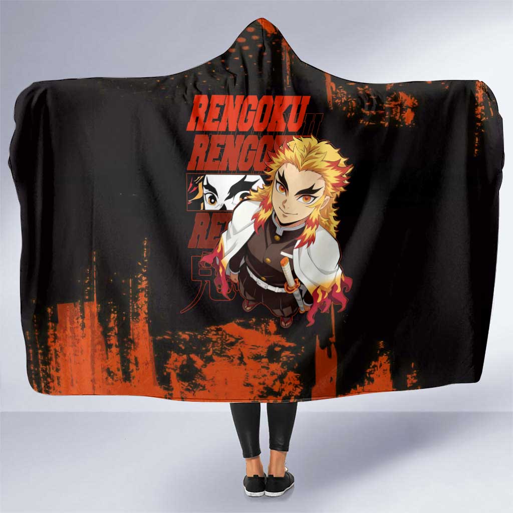 Kyojuro Rengoku Demon Slayer Black and Orange Grunge Design Hooded Blanket with Bold Eyes and Flame Hashira Artwork - The Mazicc