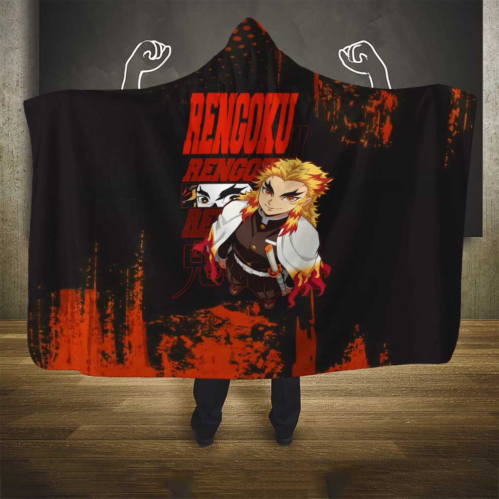 Kyojuro Rengoku Demon Slayer Black and Orange Grunge Design Hooded Blanket with Bold Eyes and Flame Hashira Artwork - The Mazicc