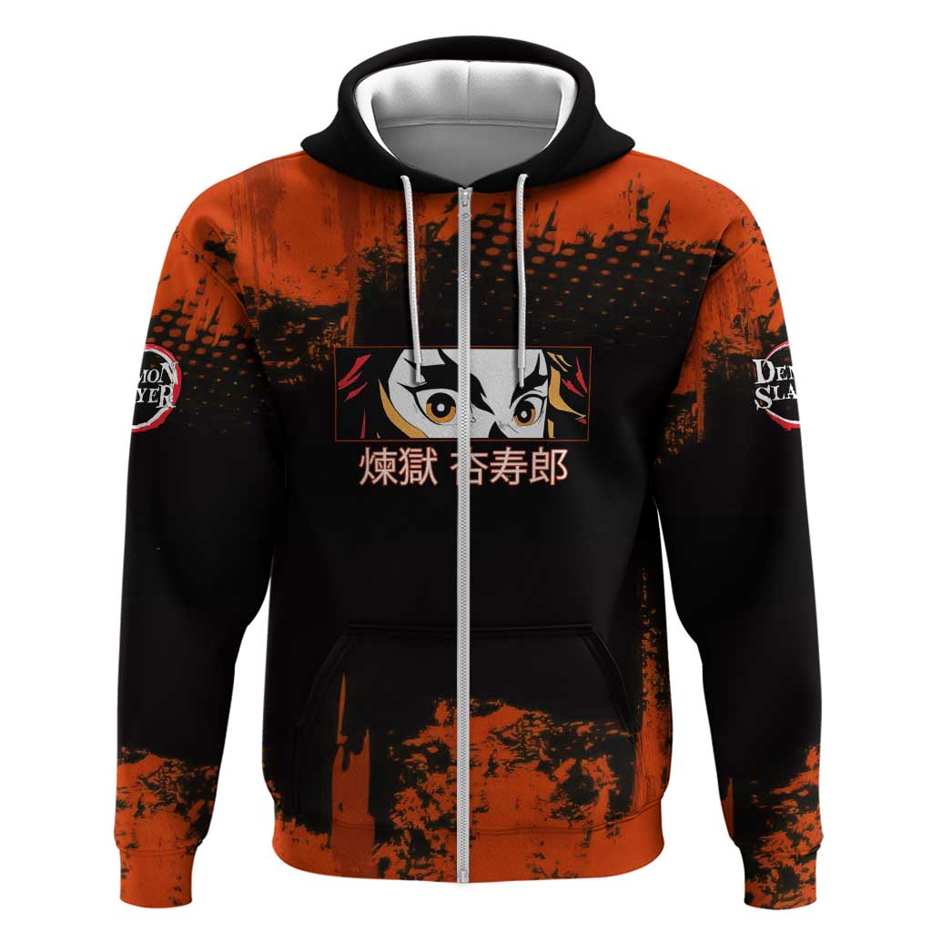 Kyojuro Rengoku Demon Slayer Black and Orange Grunge Design Hoodie with Bold Eyes and Flame Hashira Artwork - The Mazicc