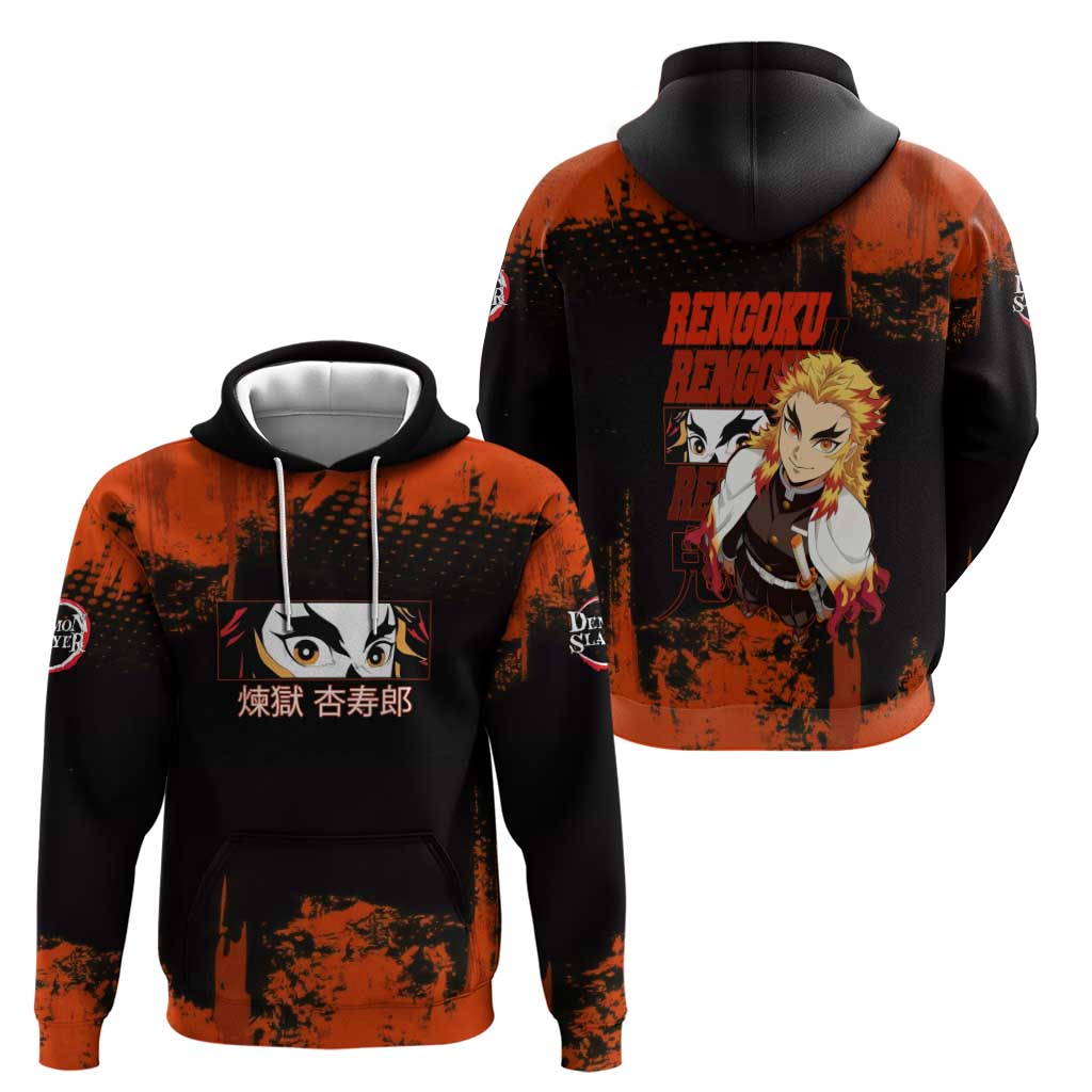 Kyojuro Rengoku Demon Slayer Black and Orange Grunge Design Hoodie with Bold Eyes and Flame Hashira Artwork - The Mazicc