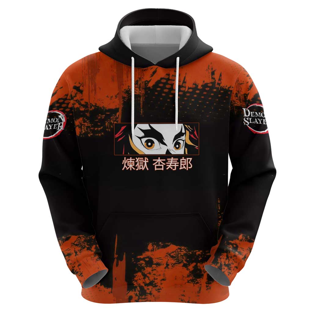 Kyojuro Rengoku Demon Slayer Black and Orange Grunge Design Hoodie with Bold Eyes and Flame Hashira Artwork - The Mazicc