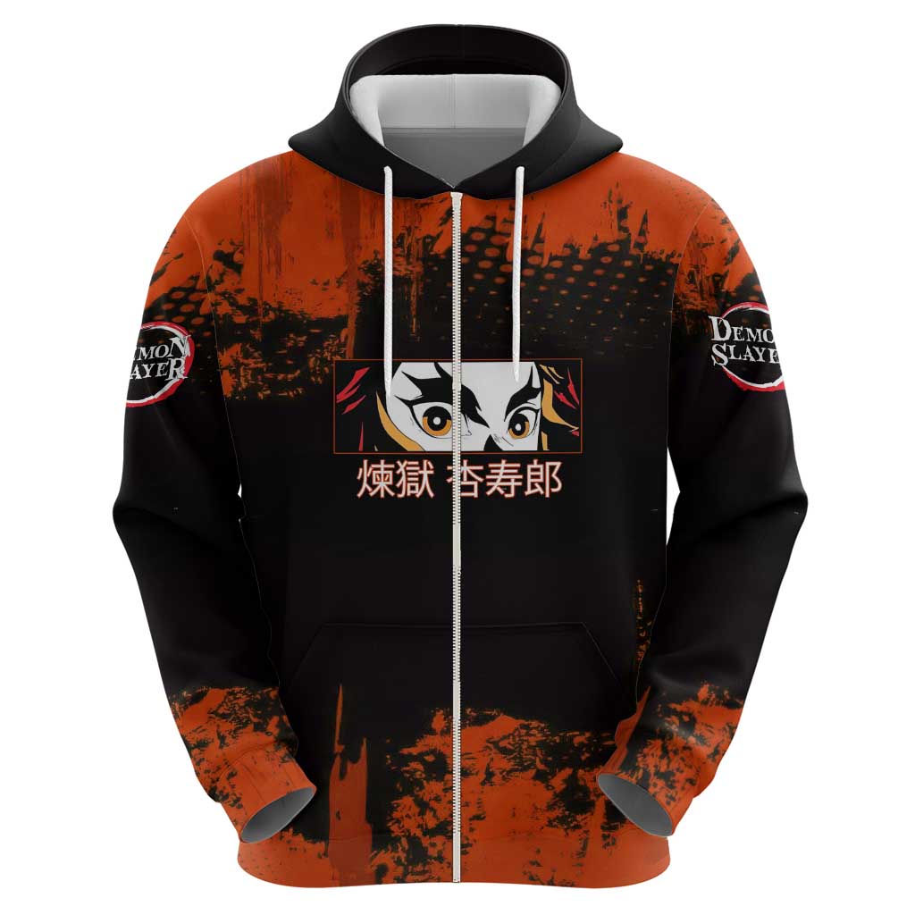 Kyojuro Rengoku Demon Slayer Black and Orange Grunge Design Hoodie with Bold Eyes and Flame Hashira Artwork - The Mazicc