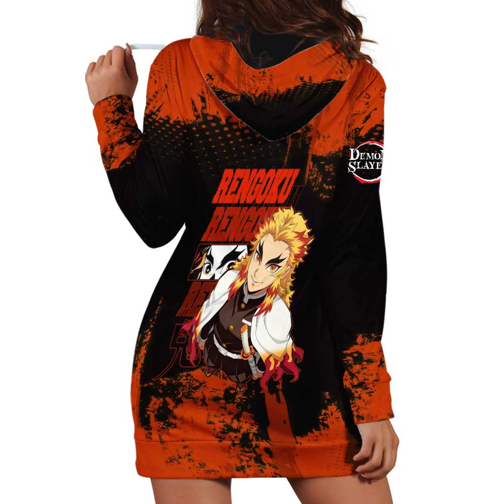 Kyojuro Rengoku Demon Slayer Black and Orange Grunge Design Hoodie Dress with Bold Eyes and Flame Hashira Artwork - The Mazicc