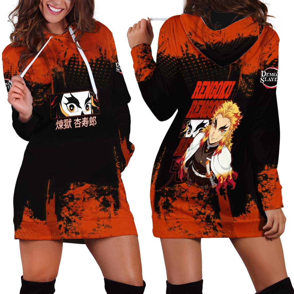 Kyojuro Rengoku Demon Slayer Black and Orange Grunge Design Hoodie Dress with Bold Eyes and Flame Hashira Artwork - The Mazicc
