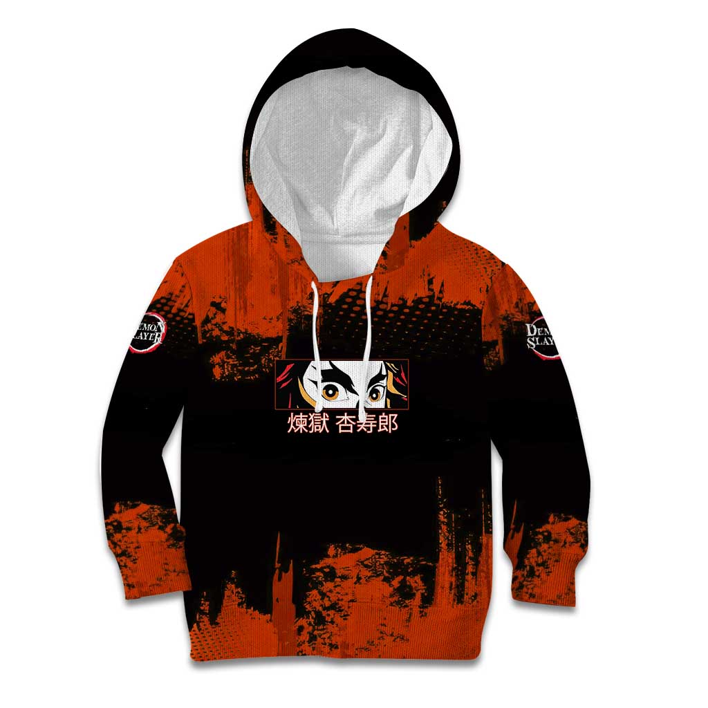 Kyojuro Rengoku Demon Slayer Black and Orange Grunge Design Kid Hoodie with Bold Eyes and Flame Hashira Artwork - The Mazicc