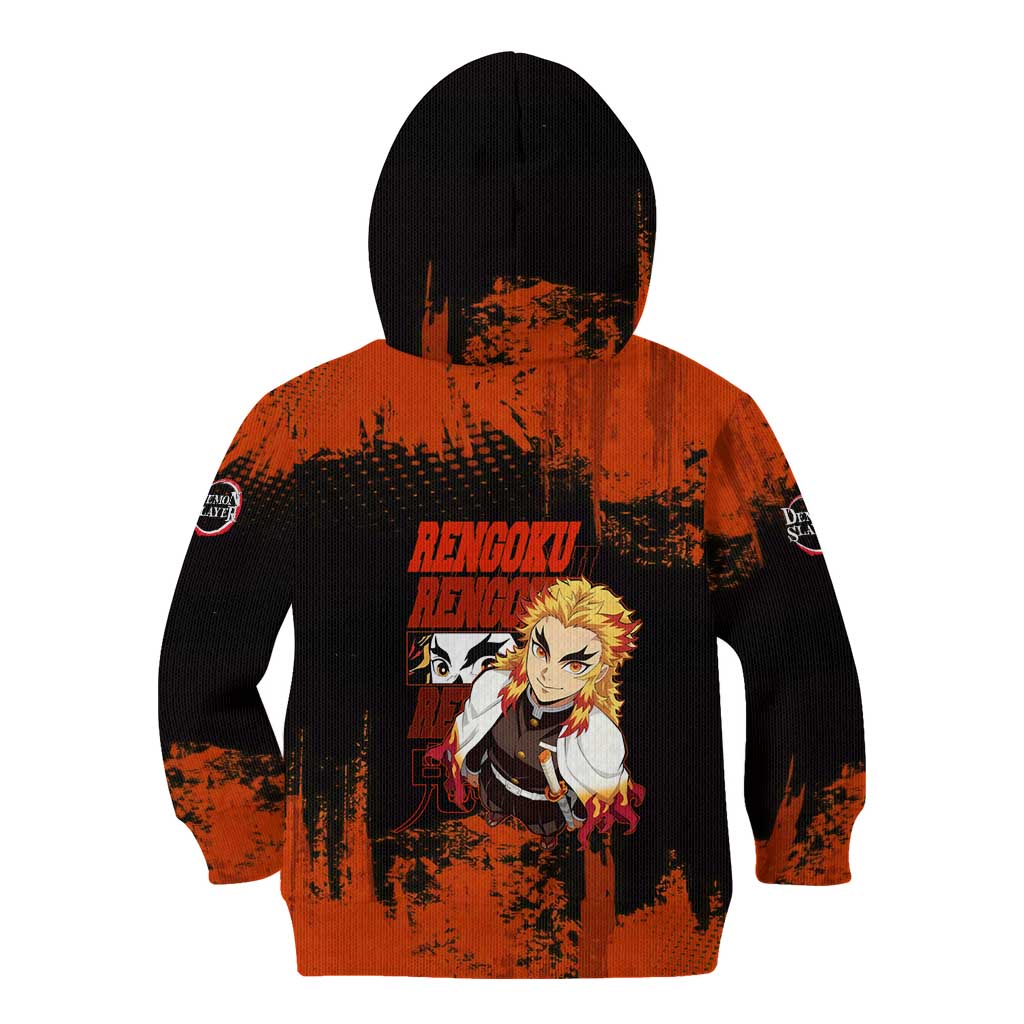 Kyojuro Rengoku Demon Slayer Black and Orange Grunge Design Kid Hoodie with Bold Eyes and Flame Hashira Artwork - The Mazicc