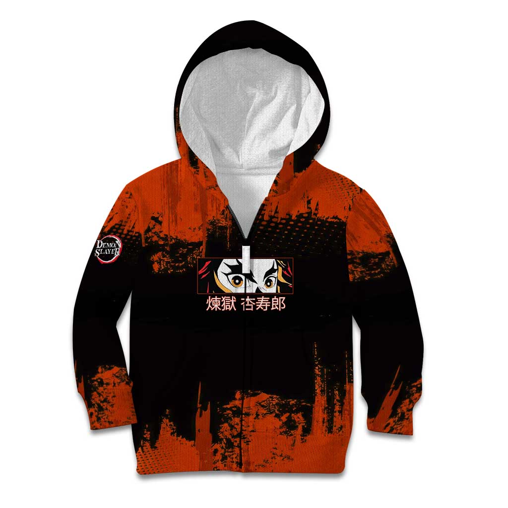 Kyojuro Rengoku Demon Slayer Black and Orange Grunge Design Kid Hoodie with Bold Eyes and Flame Hashira Artwork - The Mazicc