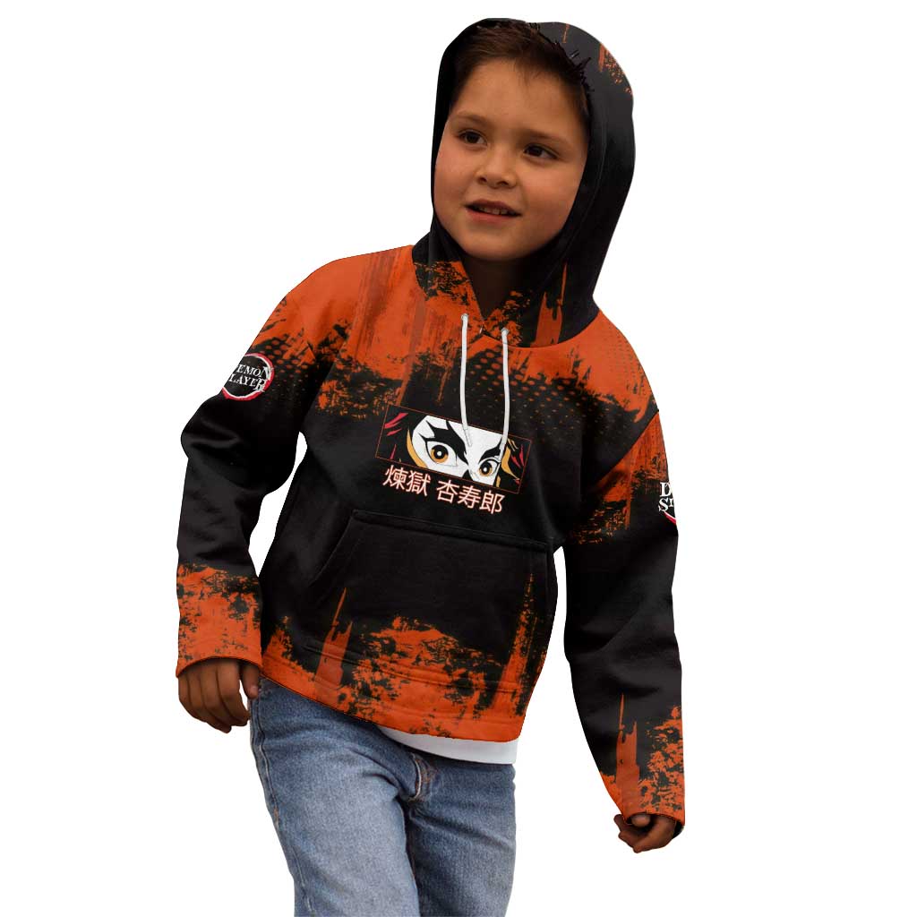 Kyojuro Rengoku Demon Slayer Black and Orange Grunge Design Kid Hoodie with Bold Eyes and Flame Hashira Artwork - The Mazicc